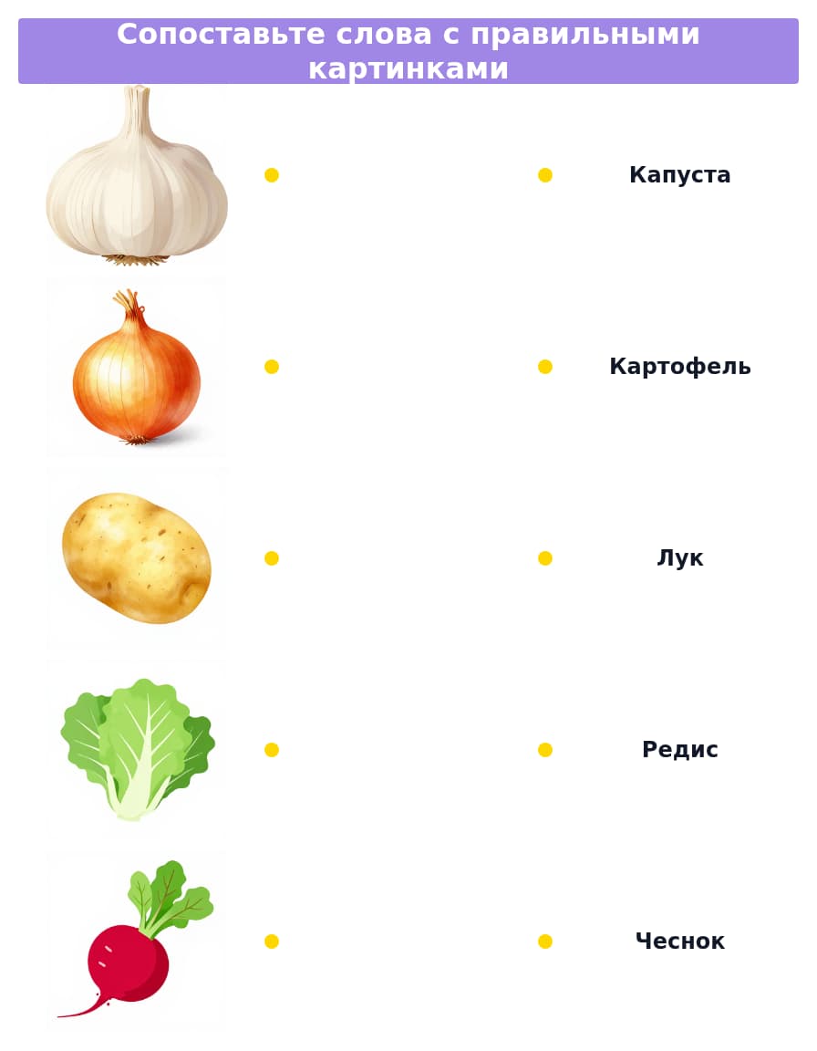 Сопоставь слова и картинки. Овощи, фрукты, ягоды (начальный уровень А0-А1)