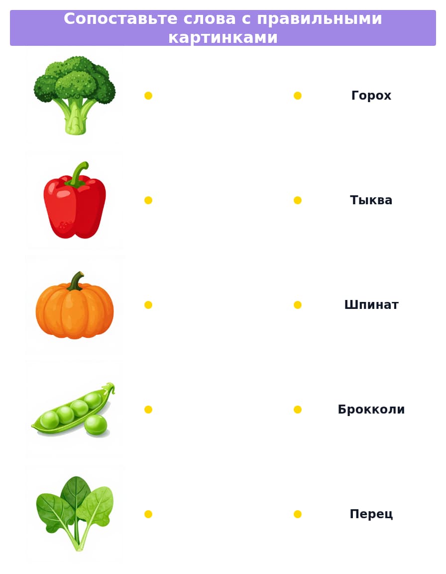 Сопоставь слова и картинки. Овощи, фрукты, ягоды (начальный уровень А0-А1)