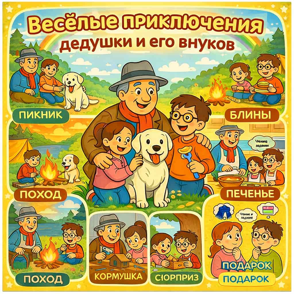 Illustrated poster with cartoon characters on a yellow background, depicting outdoor activities and family moments.