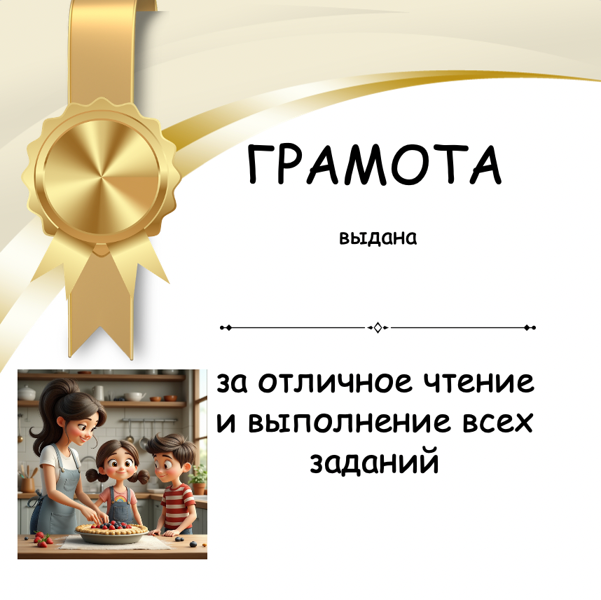 Certificate with a gold ribbon and children baking a cake, Russian text indicating excellent reading and completion of tasks.