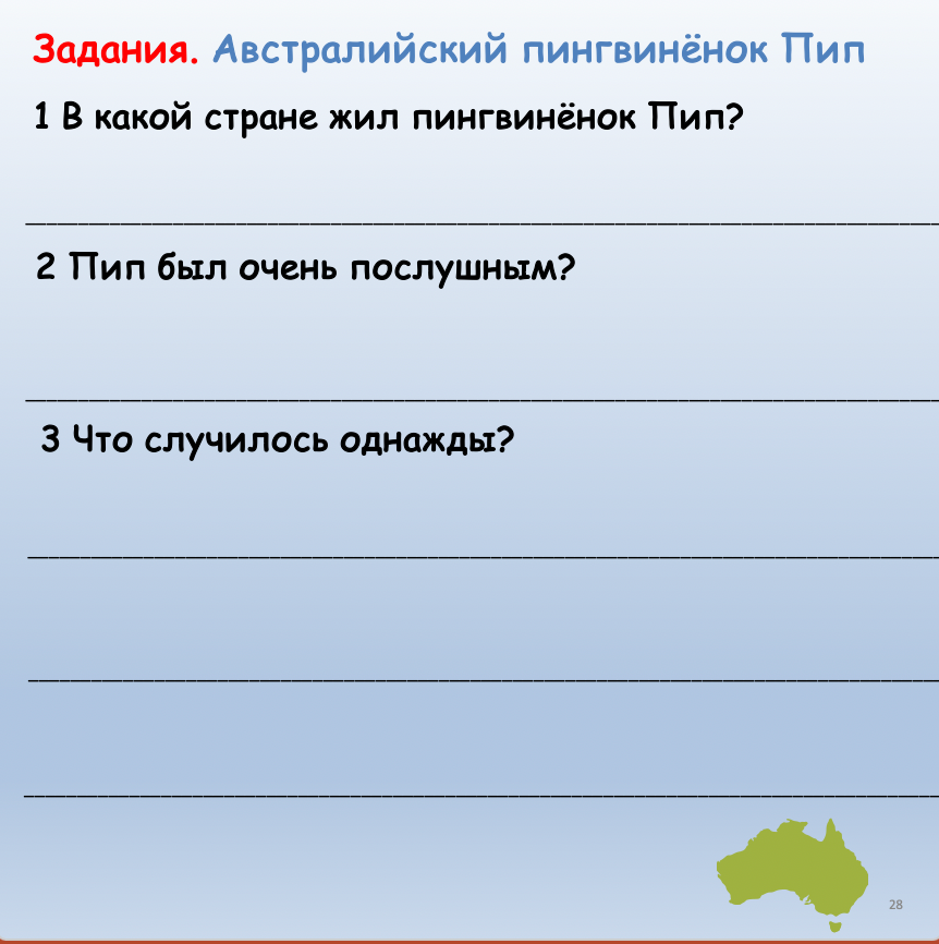 Educational slide with text in Russian about a penguin named Pip, featuring a map of Australia.