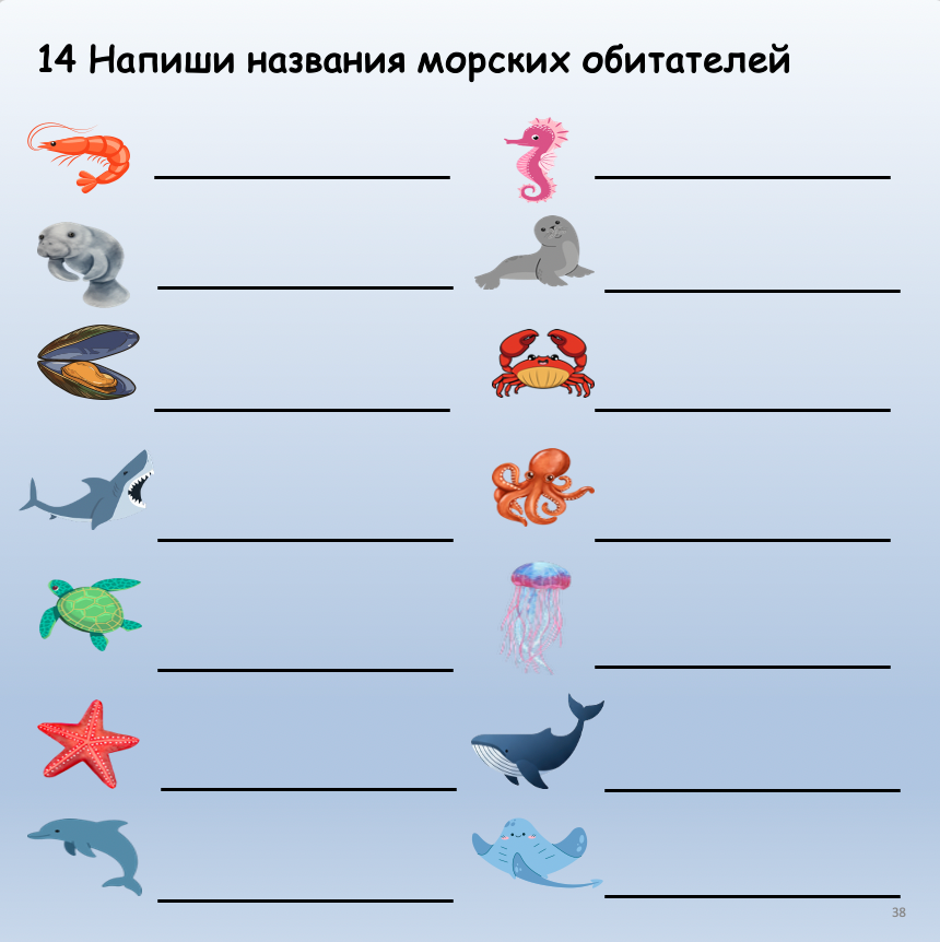 Worksheet with illustrations of sea creatures and space for writing their names on a light blue background.