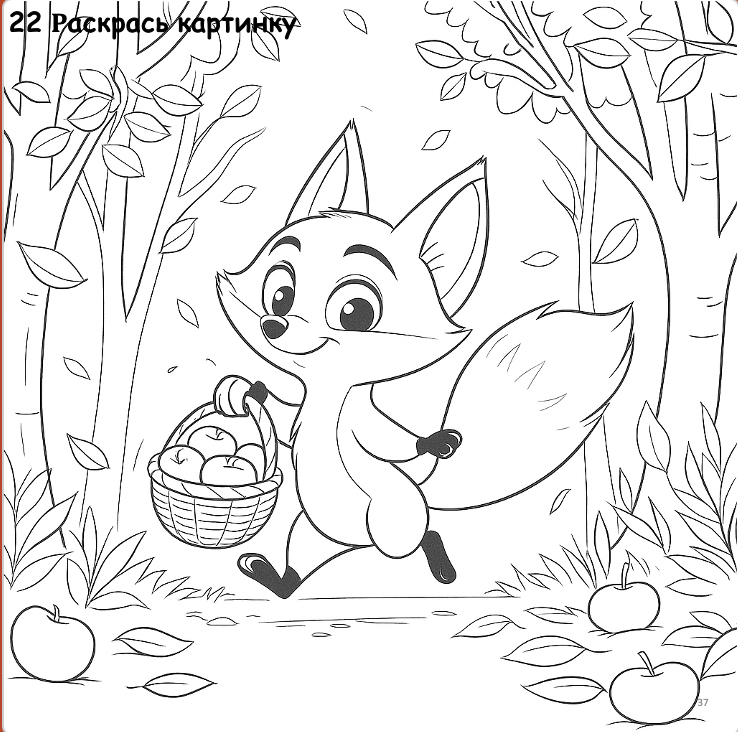 Coloring book page with a fox holding a basket of apples in a forest.