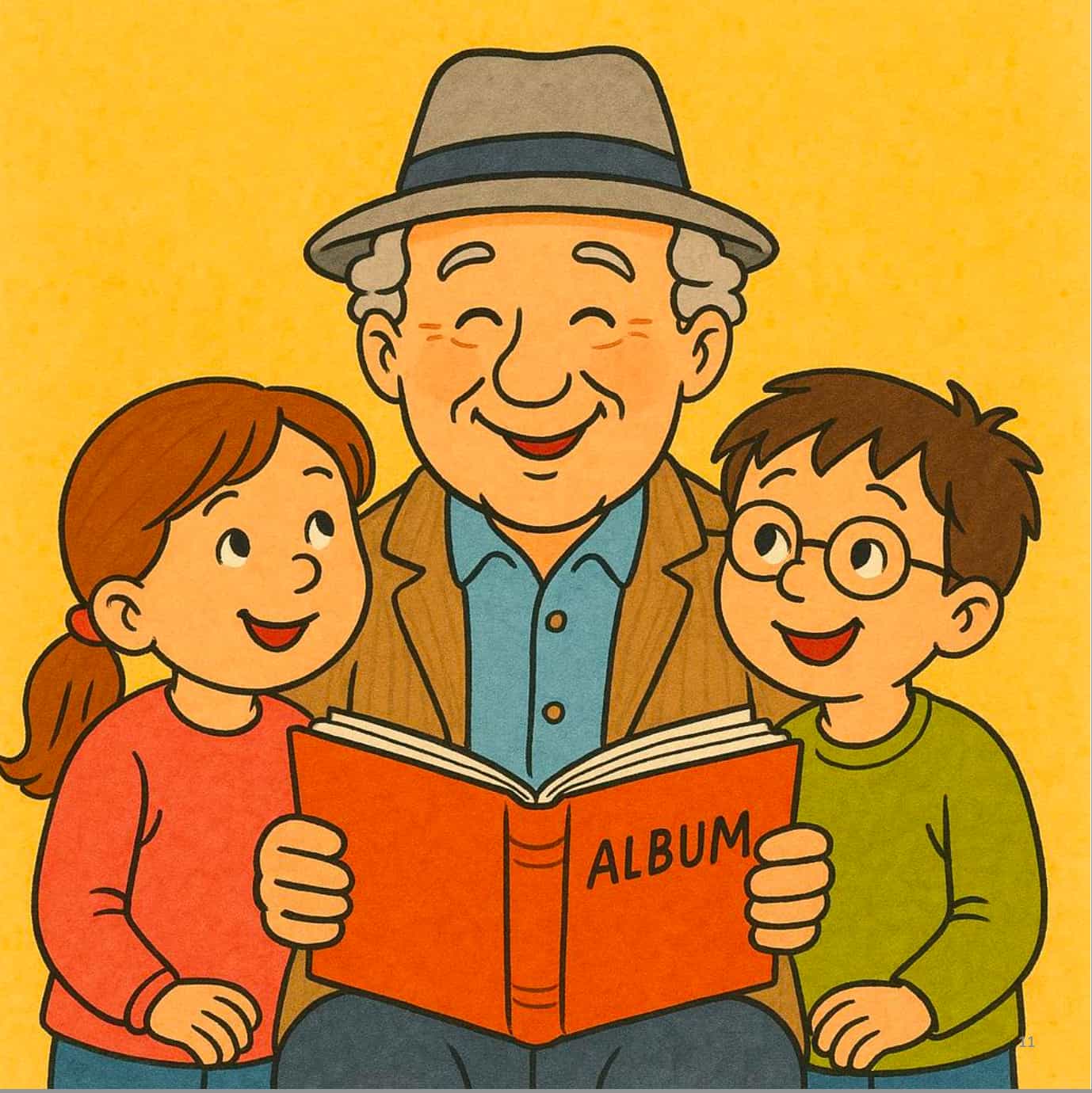 Illustration of a grandfather reading an album to two children on a yellow background