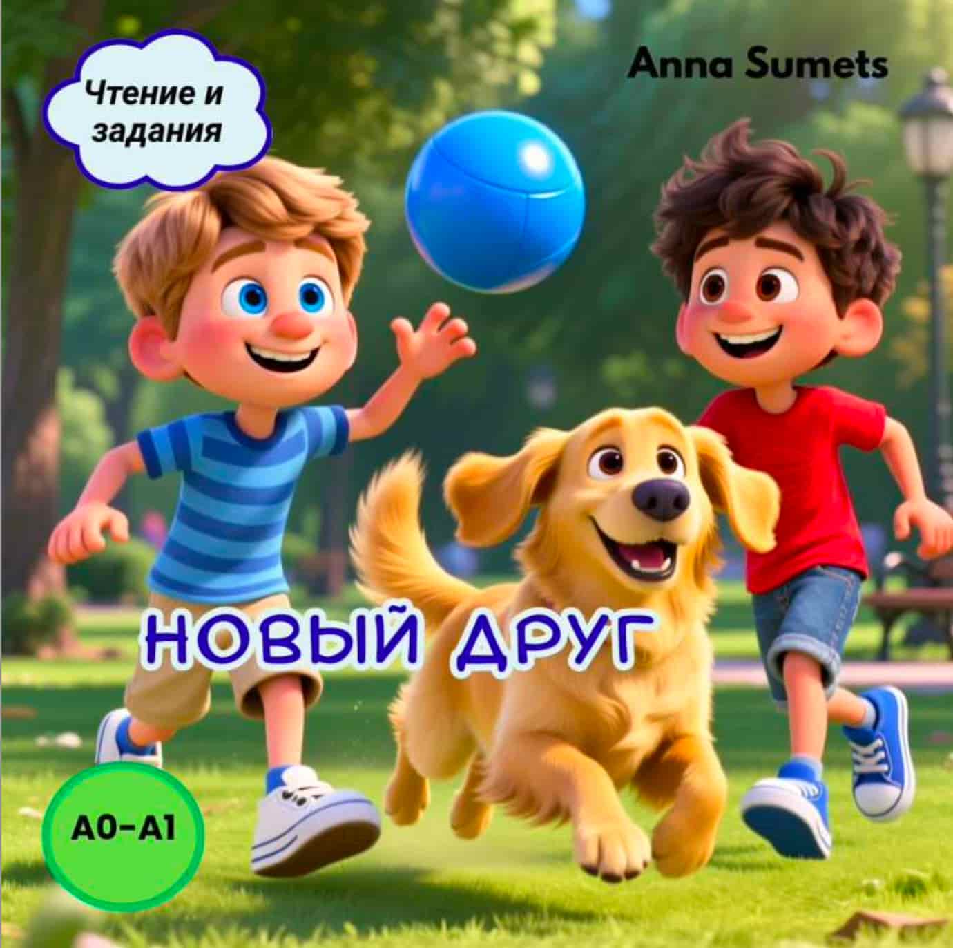Book cover with two animated children playing with a dog in a park, featuring text and branding.