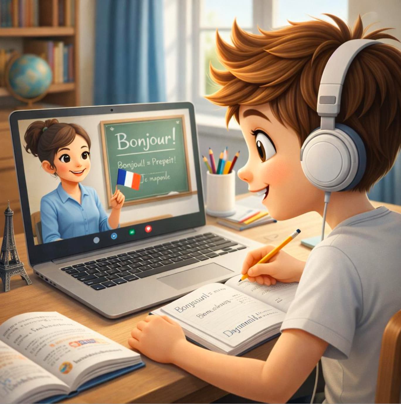 Illustration of a child learning French with an online teacher on a laptop.
