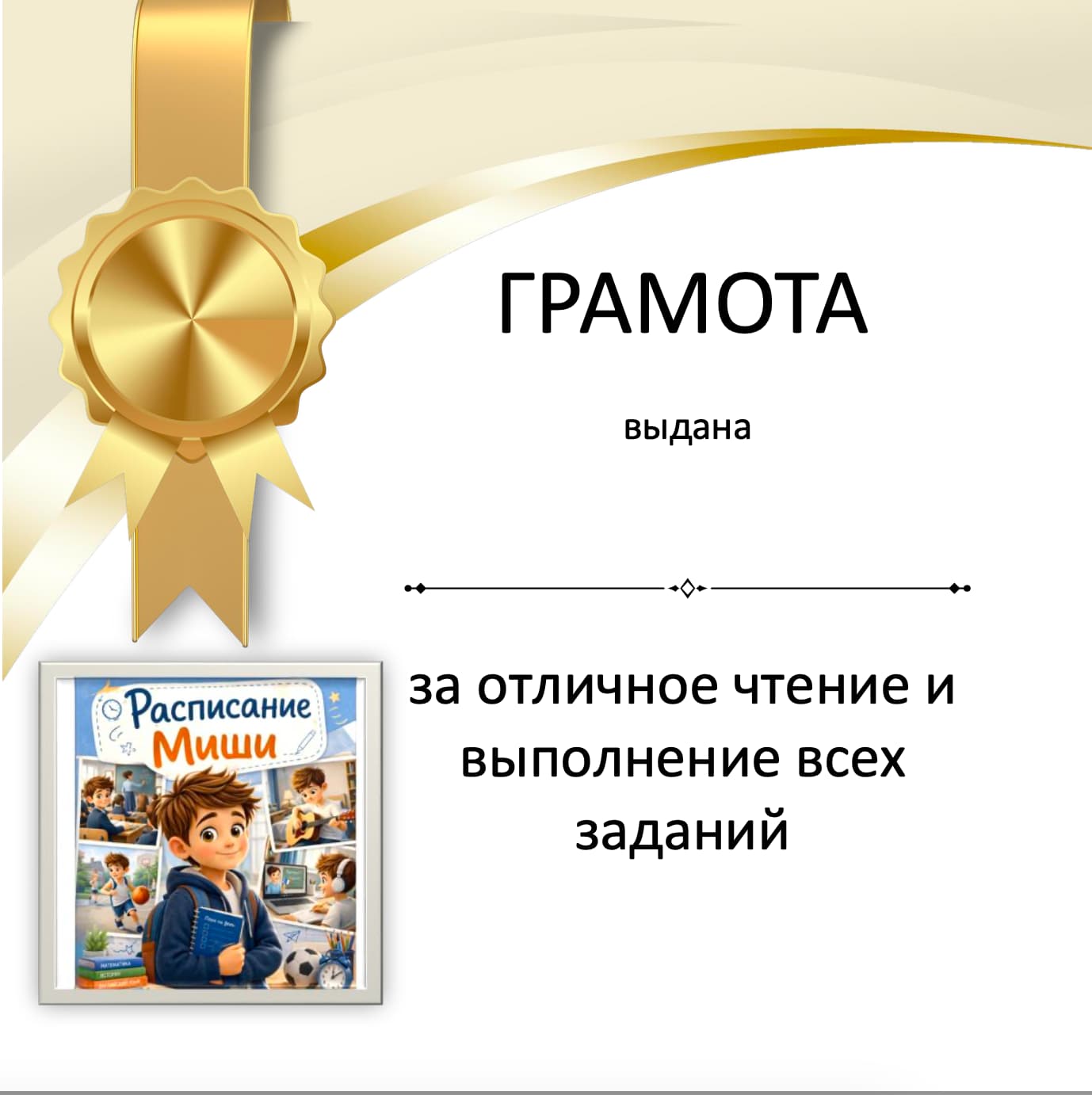 Gold award ribbon with a certificate for excellent reading and completing all tasks, featuring a children&