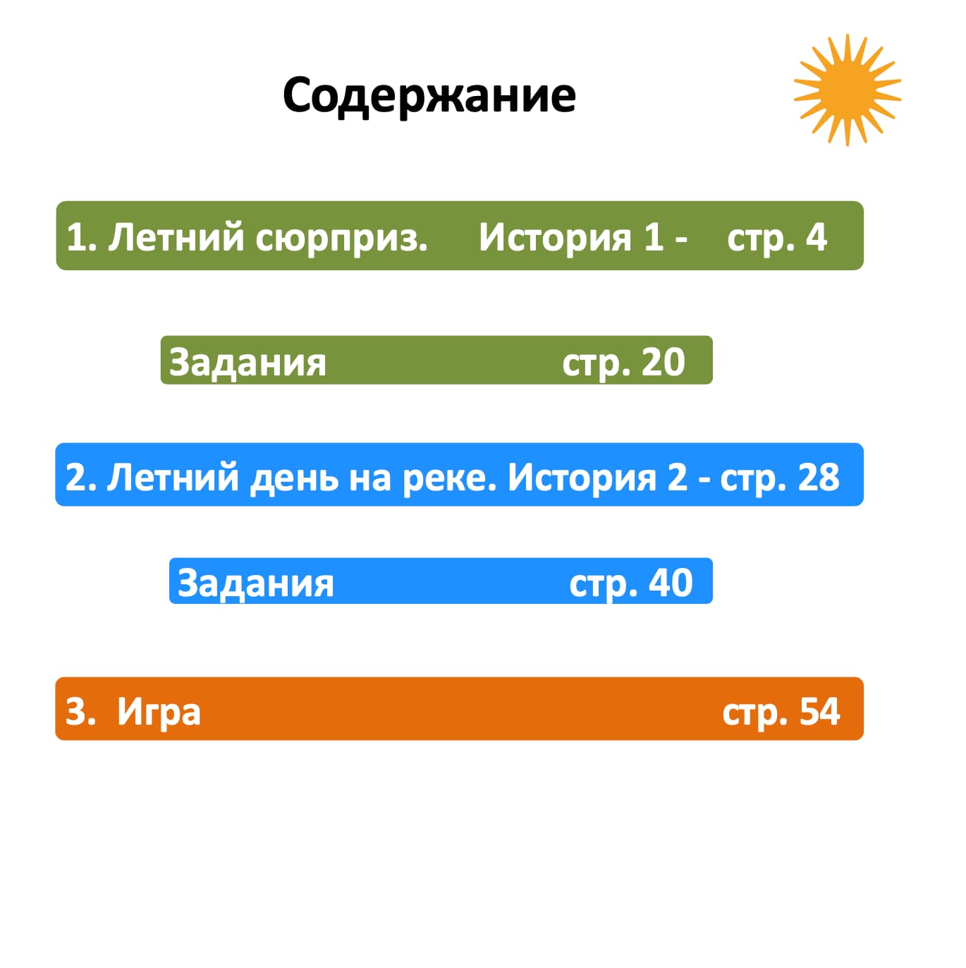 Text-based content outline with colored labels on a white background