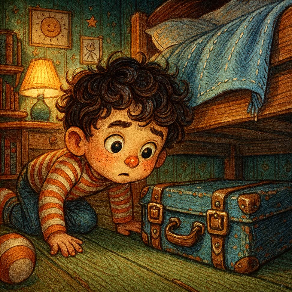 Illustration of a child looking into a suitcase in a cozy room with books and a lamp.