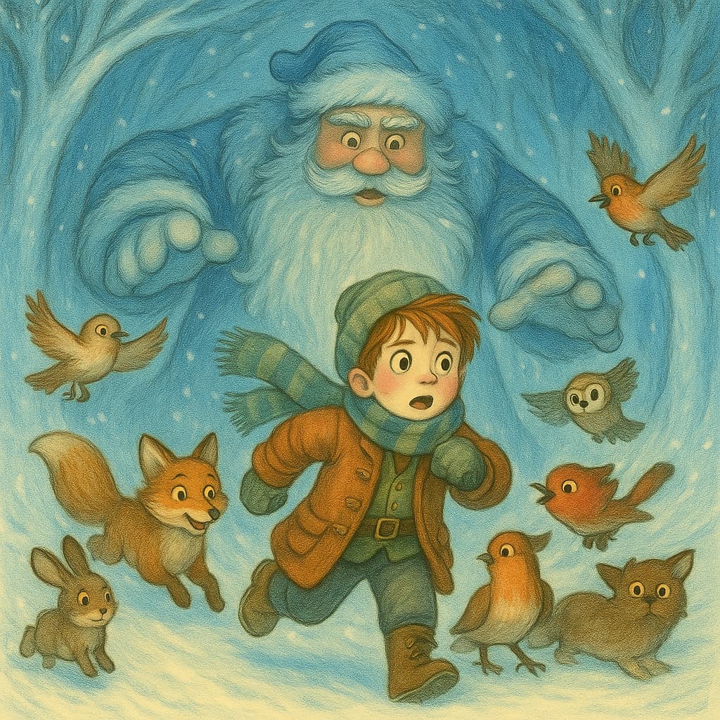 Illustration of a man with a beard and a child in a snowy scene with animals.