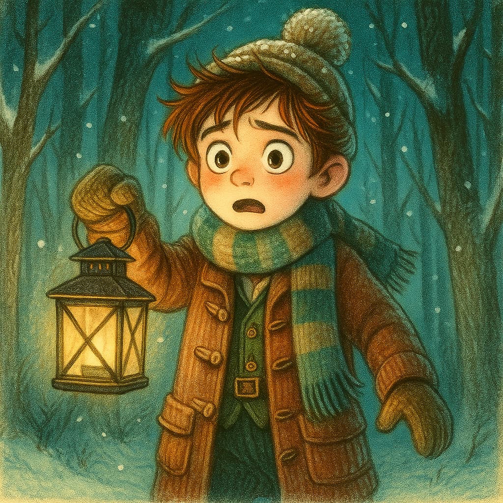 Illustration of a child holding a lantern in a snowy forest