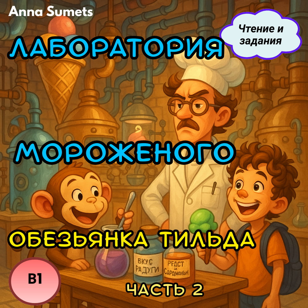 Cartoon scene with a scientist, monkey, and child in a laboratory setting.