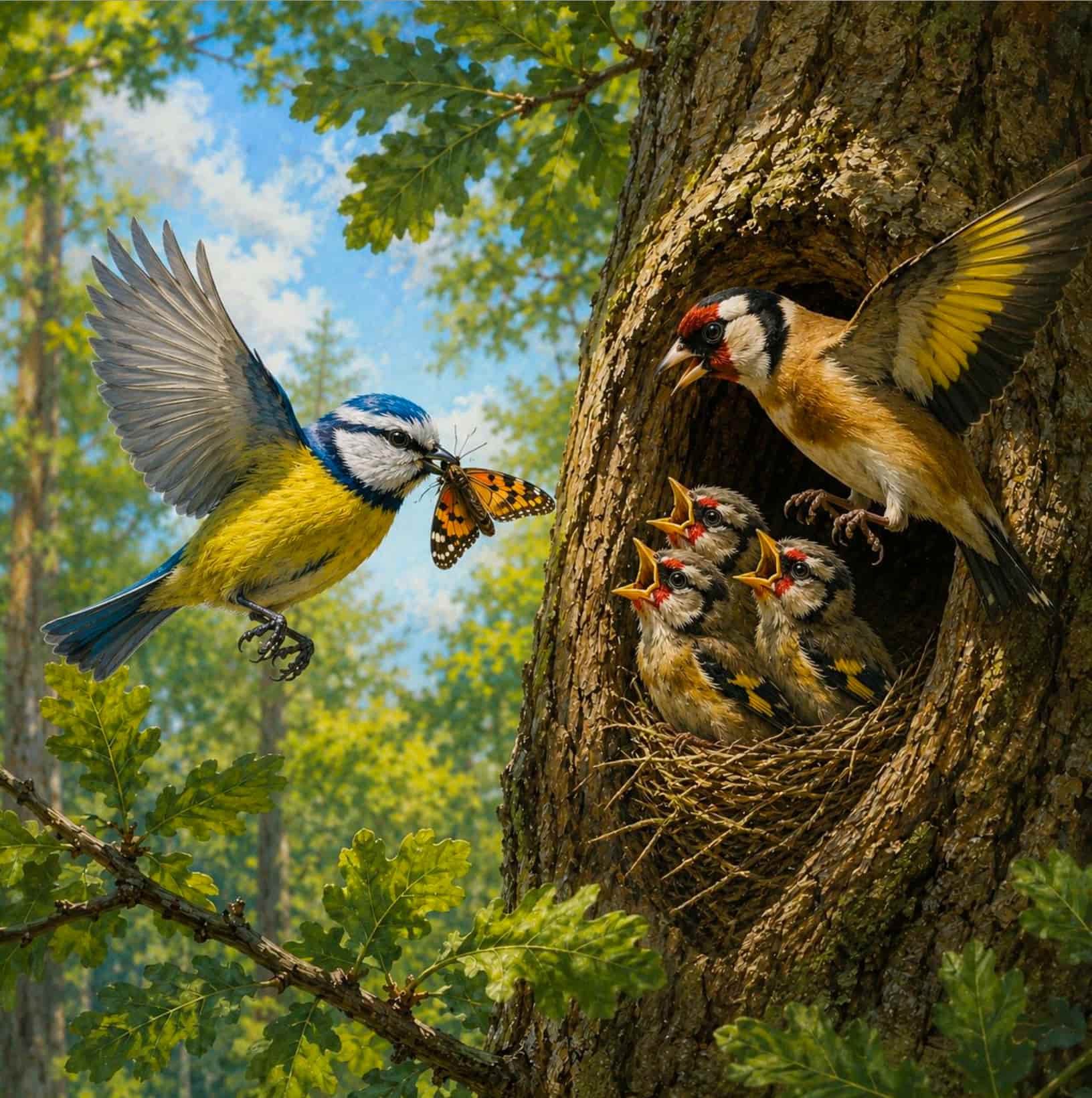 Titmouse bird with chicks in summer forest