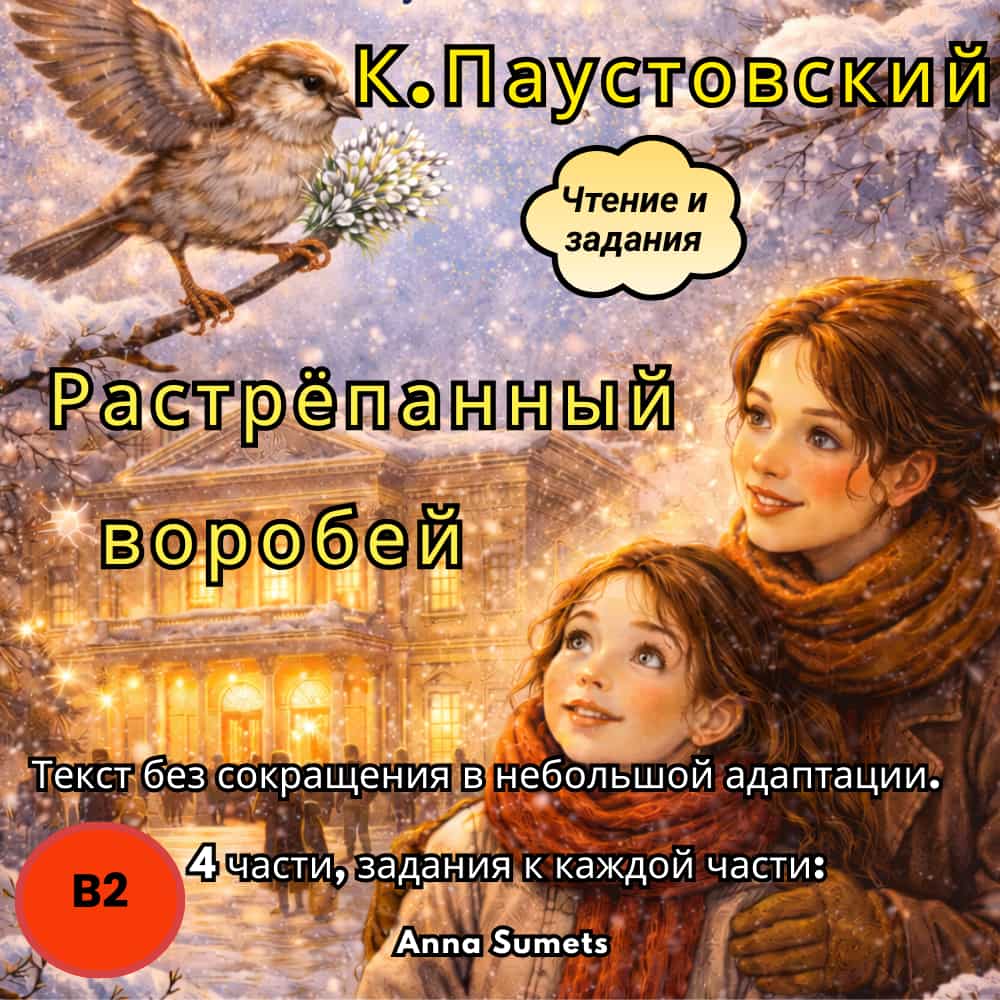 Two people in winter clothing looking at a building with text overlay