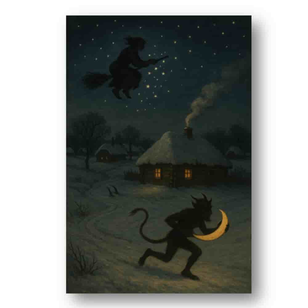 Framed artwork of a witch on a broomstick and a cat with a moon, set against a night sky.