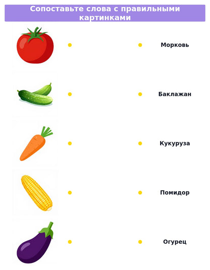 Сопоставь слова и картинки. Овощи, фрукты, ягоды  (начальный уровень А0-А1)