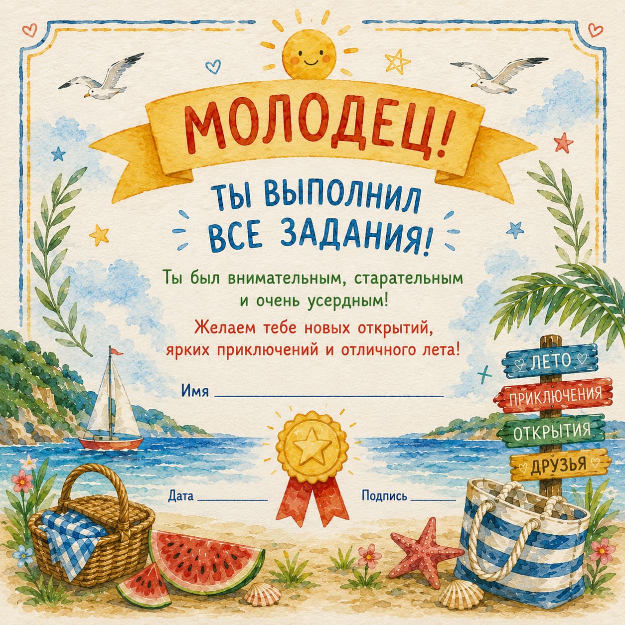 Educational worksheet for children with a beach scene, writing activity, and multiple-choice questions.