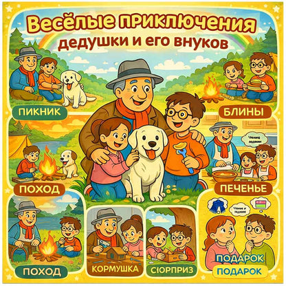 Illustrated poster with cartoon characters on a yellow background, depicting outdoor activities and family moments.