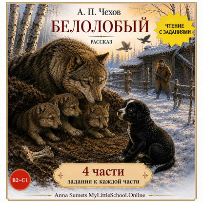 Book cover with wolves and a dog in a snowy landscape, featuring Russian text and a yellow star.