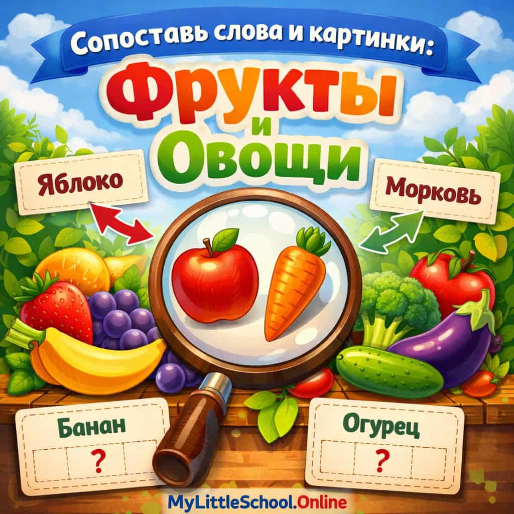 Сопоставь слова и картинки. Овощи, фрукты, ягоды  (начальный уровень А0-А1)