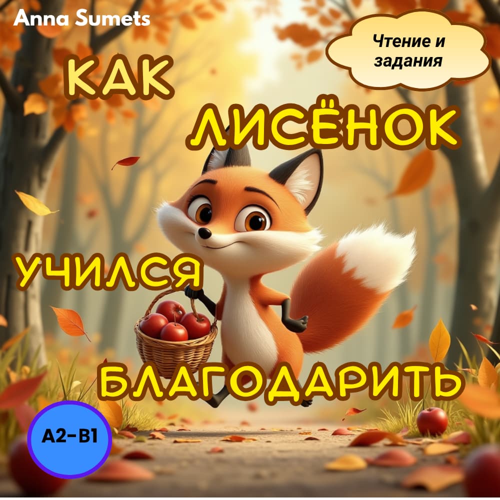 Cartoon fox holding a basket of apples in an autumn forest with text overlay.