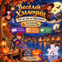 A colorful Halloween-themed educational poster or cover with Russian text, featuring illustrated children in witch and skeleton costumes by a lake at night, jack-o&