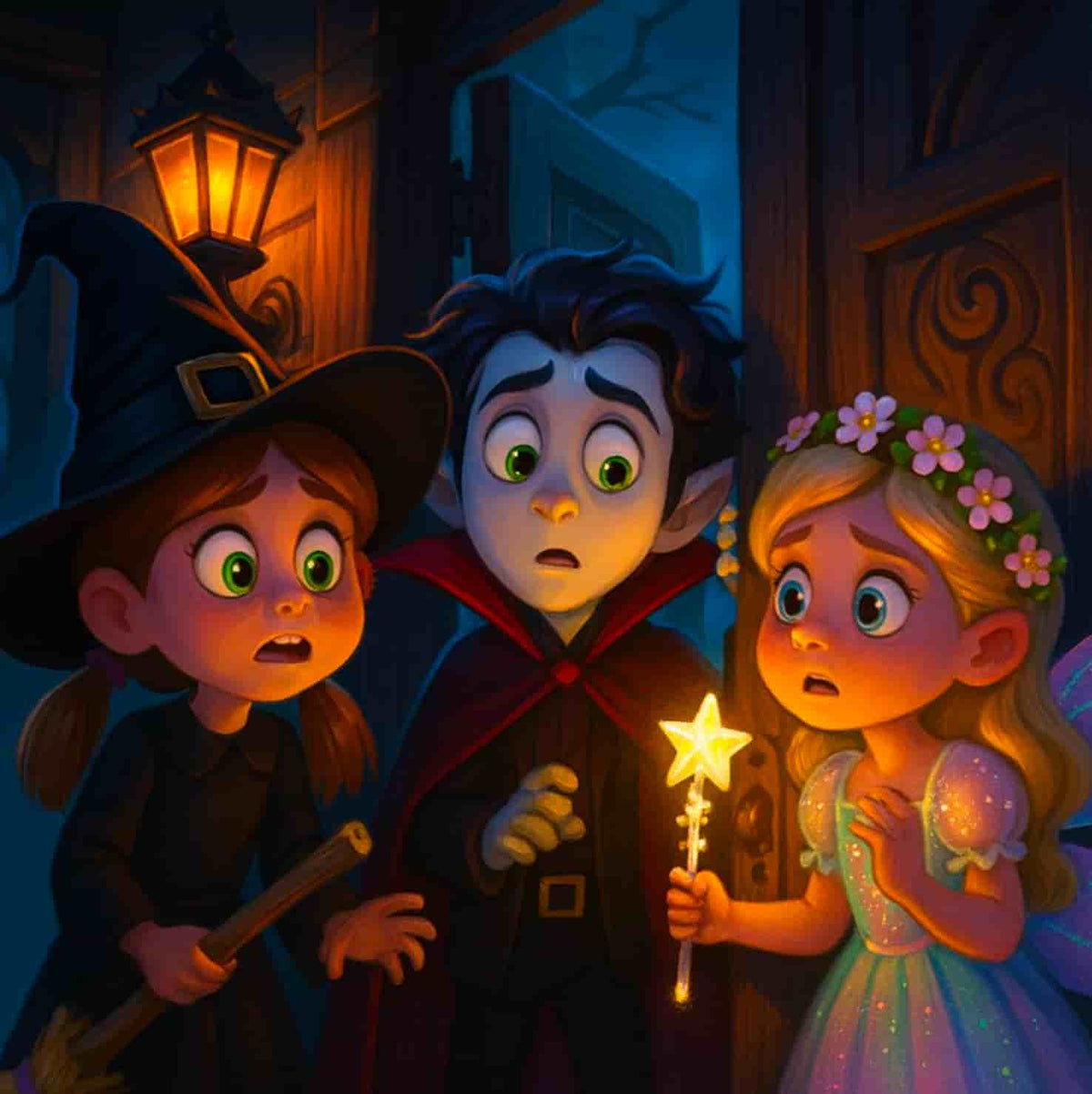 A whimsical digital illustration of three children dressed as fantasy wizards: a girl in a witch hat holding a broom, a boy in a red cape holding a wand, and a girl in a blue dress with flowers in her hair holding a glowing star wand. They are gathered in a dimly lit, cozy room with a warm lantern hanging on the wall.