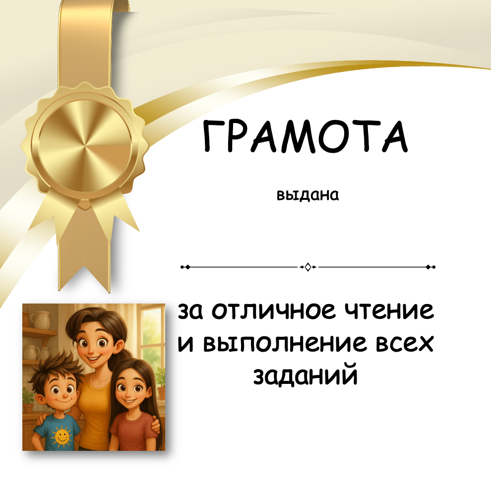 Educational certificate with a gold award ribbon and cartoon characters, featuring Russian text.