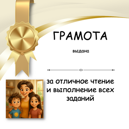 Educational certificate with a gold award ribbon and cartoon characters, featuring Russian text.