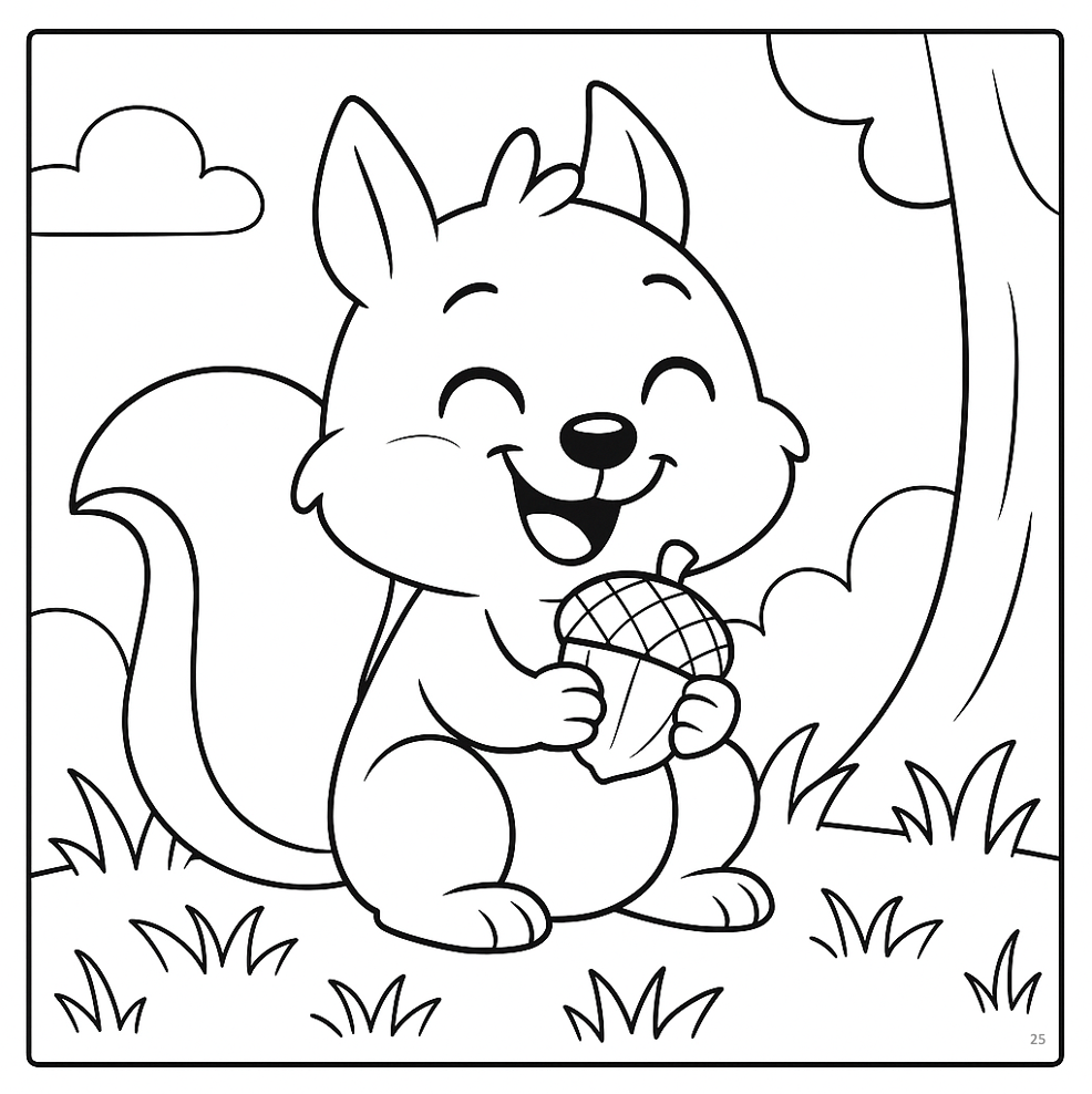 Cartoon squirrel holding an acorn in a black and white line drawing.