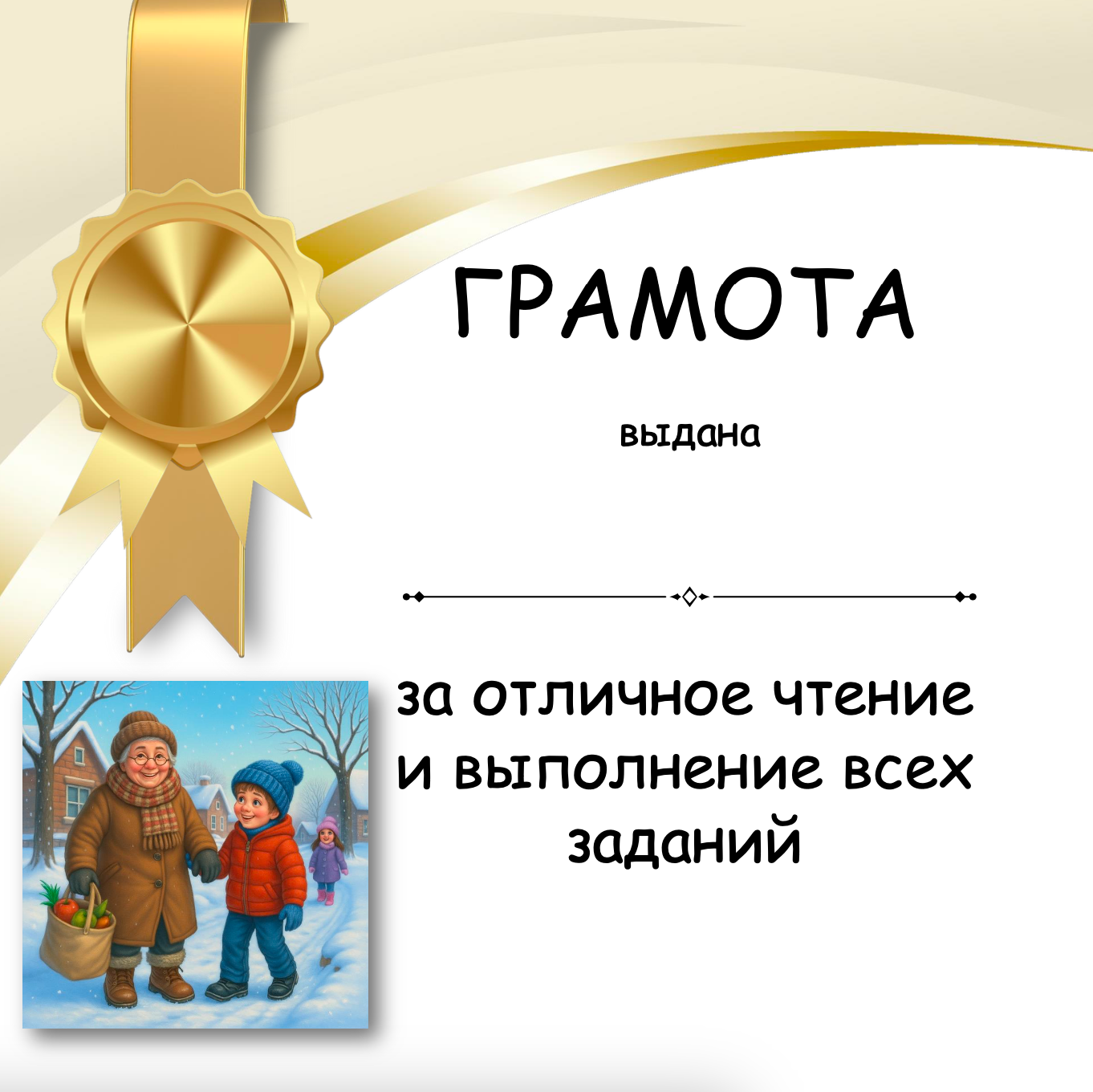 Award certificate with a gold ribbon and winter scene illustration, featuring Russian text.