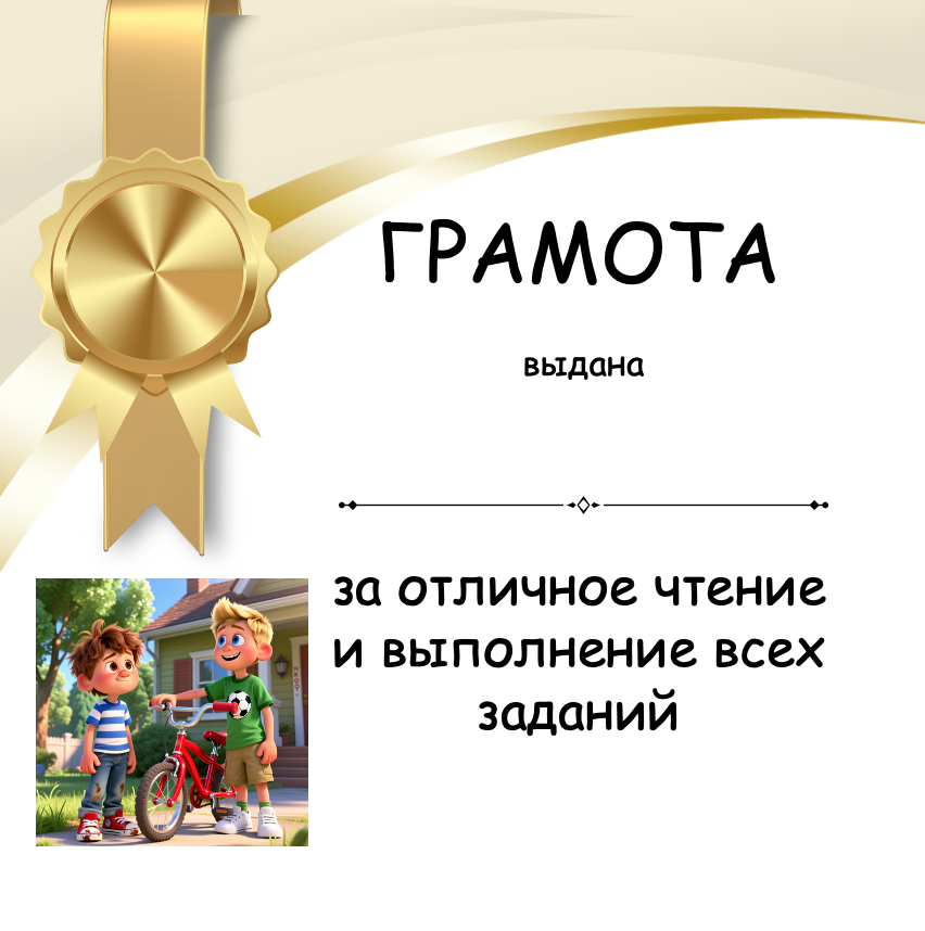 Certificate with a gold ribbon and two children with a bicycle, set against a white background.