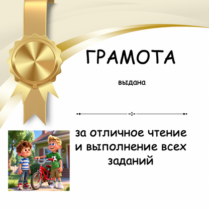 Certificate with a gold ribbon and two children with a bicycle, set against a white background.
