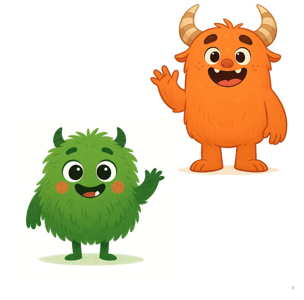 Two cartoon monsters, one green and one orange, waving on a white background.