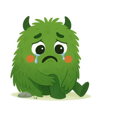Cartoon green monster with a sad expression on a white background
