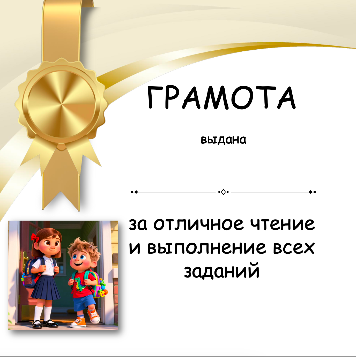 Certificate with a gold ribbon and cartoon characters, featuring text in Russian.