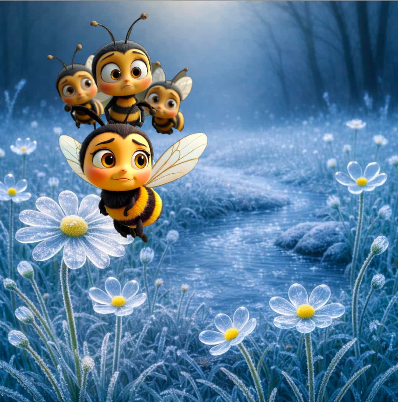 Cartoon bees flying over snow-covered flowers in a winter forest.