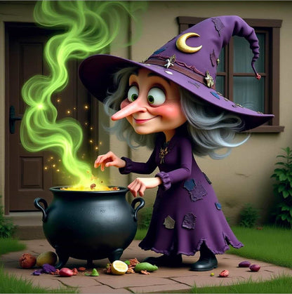 Cartoon witch in a purple outfit with a green potion in a cauldron outdoors.