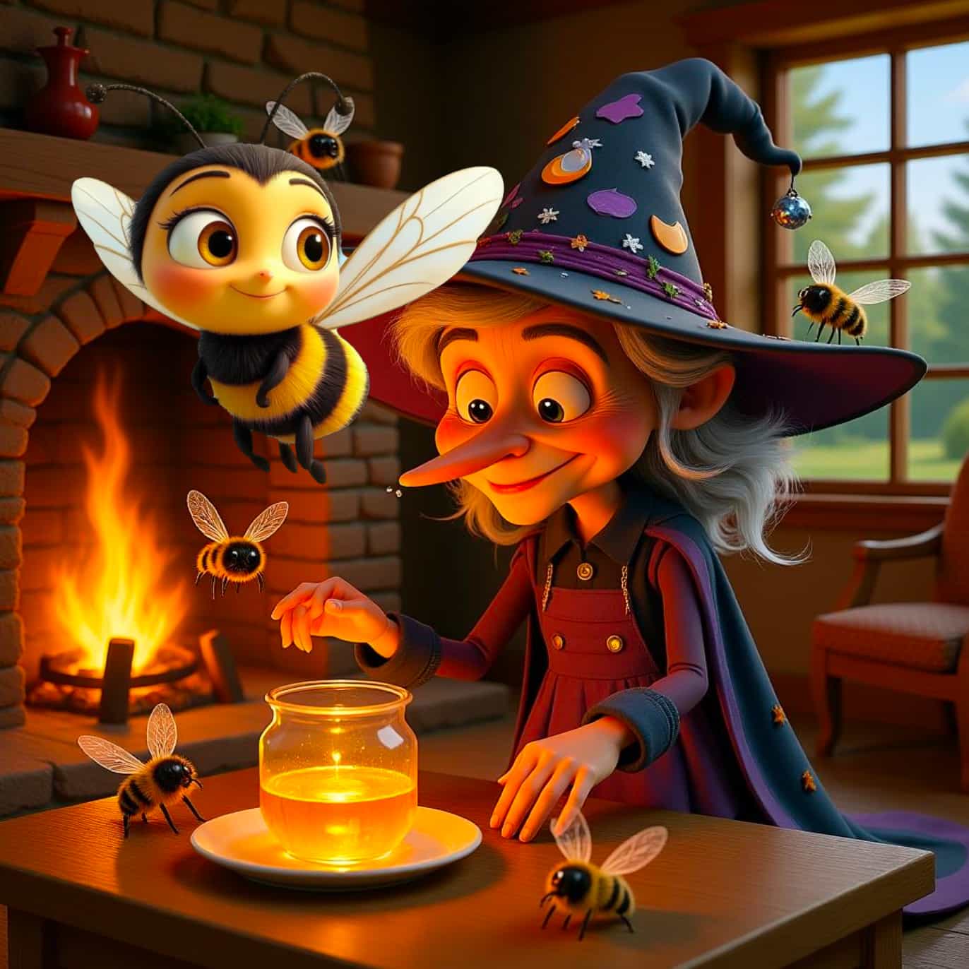 Cartoon witch with a jar of honey and bees in a cozy room.