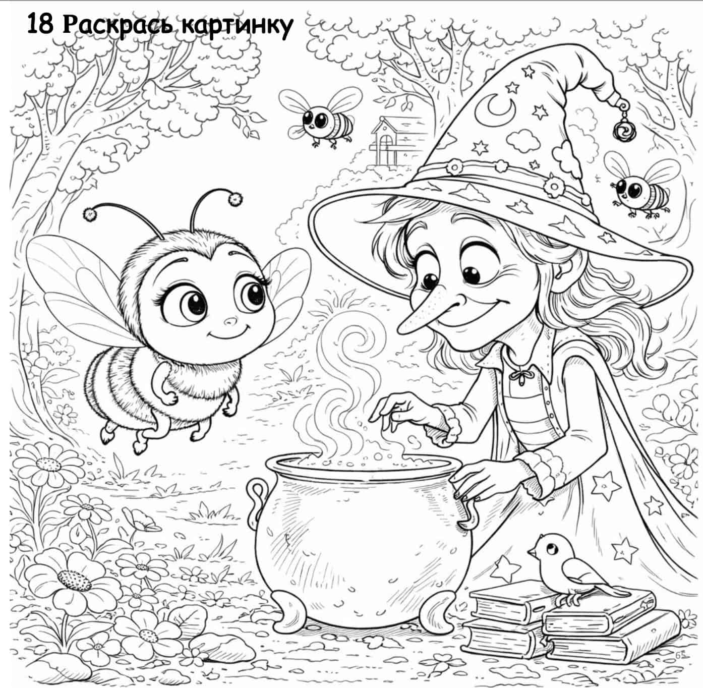 Coloring book page with a witch and a bee in a forest setting.