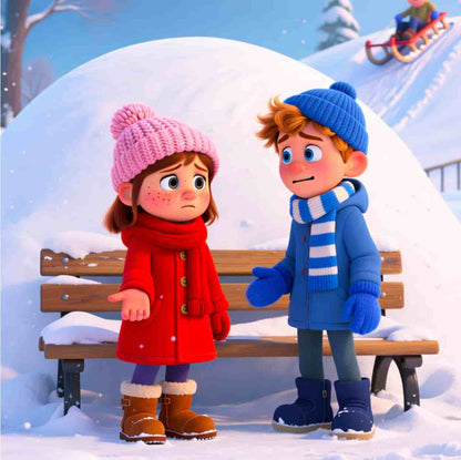 Two animated children sitting on a snow-covered bench in a winter scene.