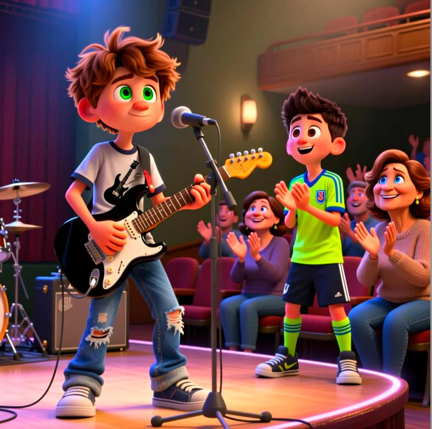 Animated characters on a stage with a guitar and microphone, audience clapping in the background.