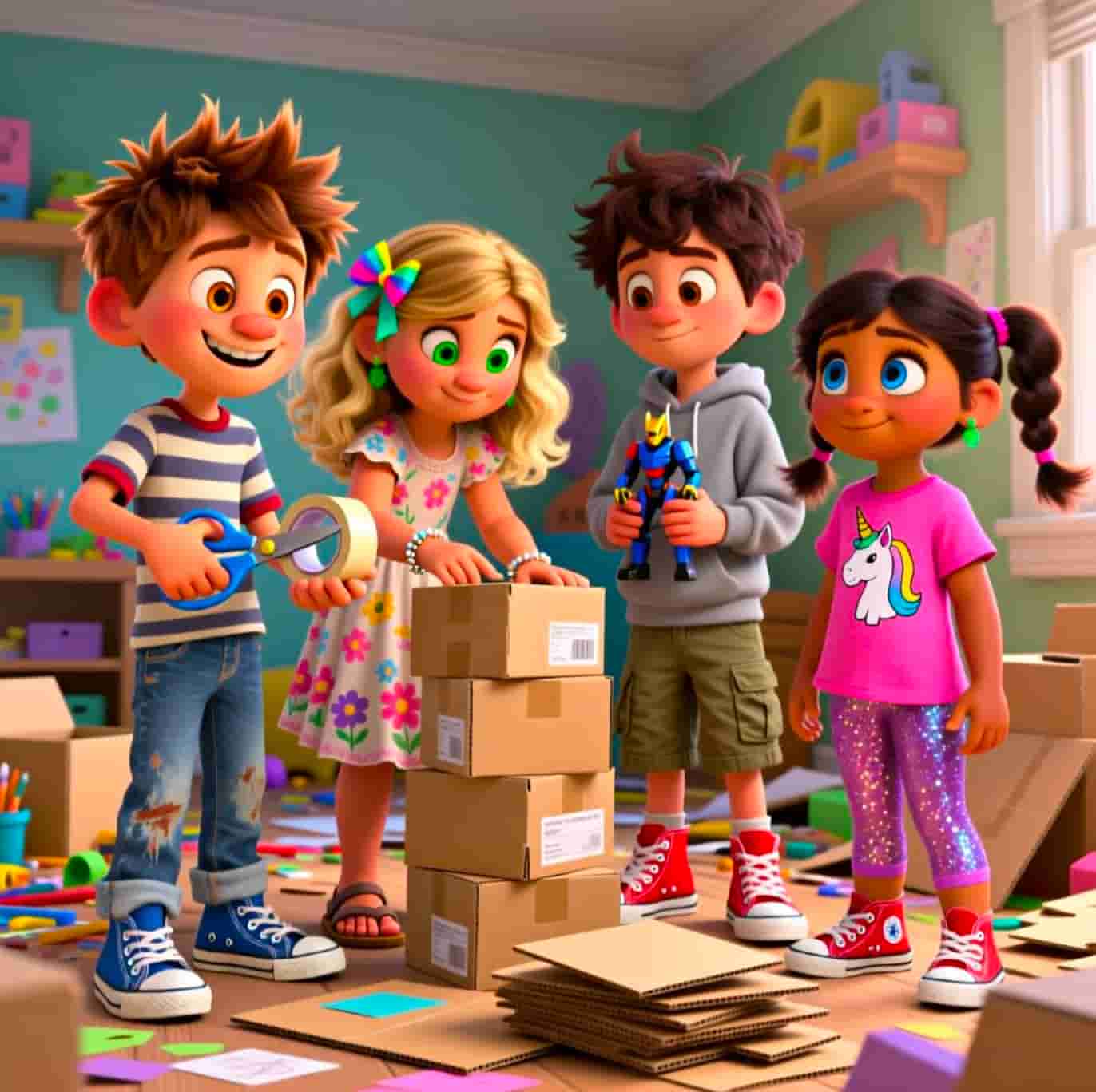 Four animated children playing with cardboard boxes in a colorful room.