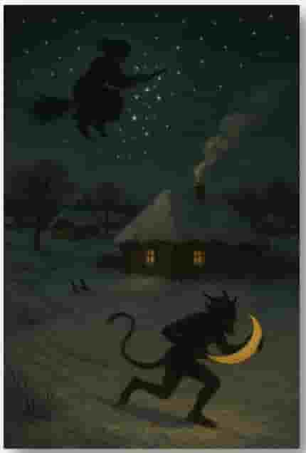 Cartoon witch flying on a broomstick over a house with a dog carrying a moon.