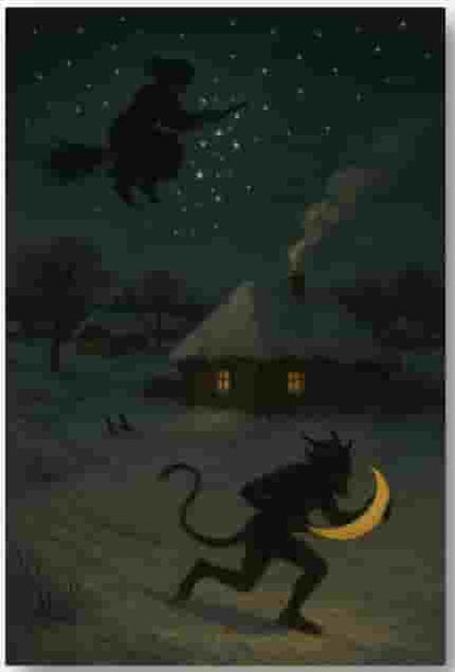 Cartoon witch flying on a broomstick over a house with a dog carrying a moon.