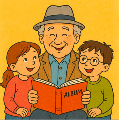 Illustration of a grandfather reading an album to two children on a yellow background