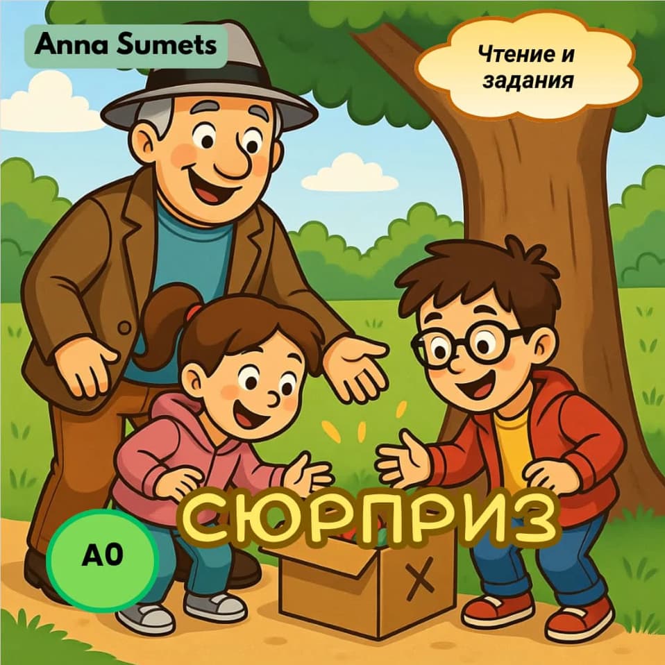 Illustration of a man with two children in a forest setting, with text and graphics overlay.