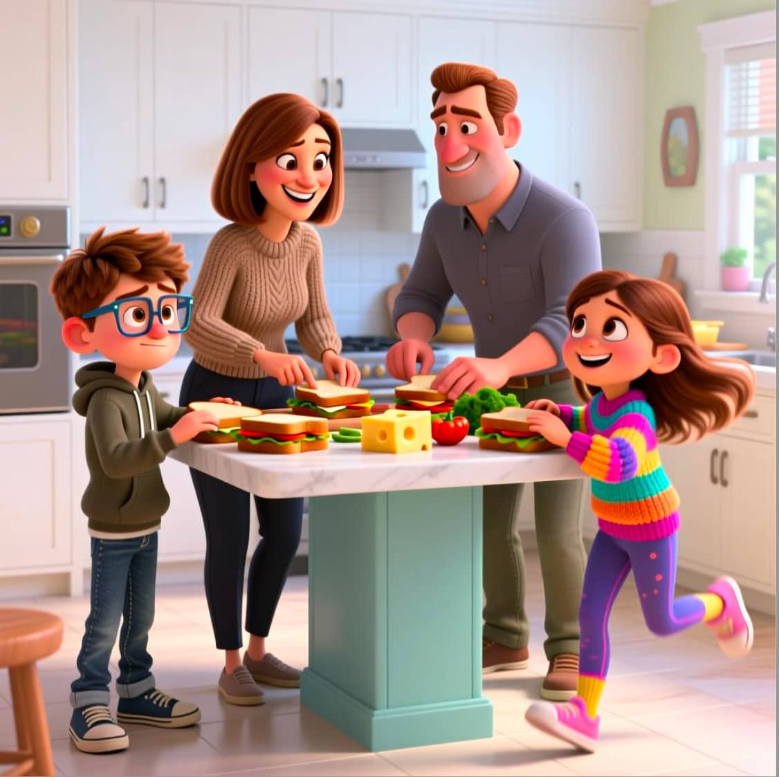 Animated family preparing sandwiches in a kitchen