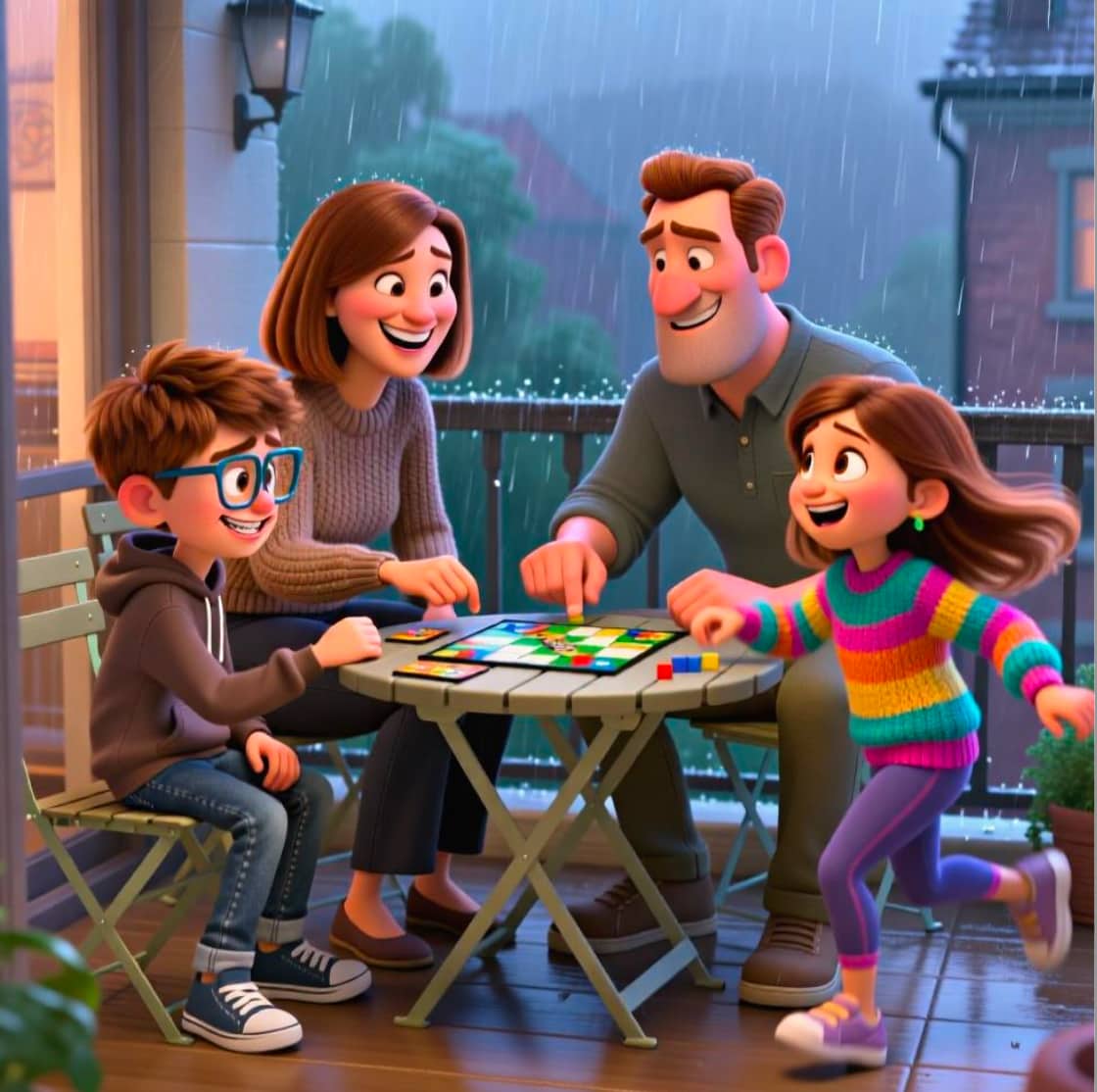 Family playing board game on a rainy day