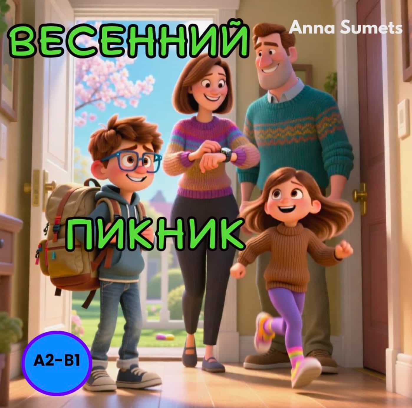 Family standing in a doorway with &